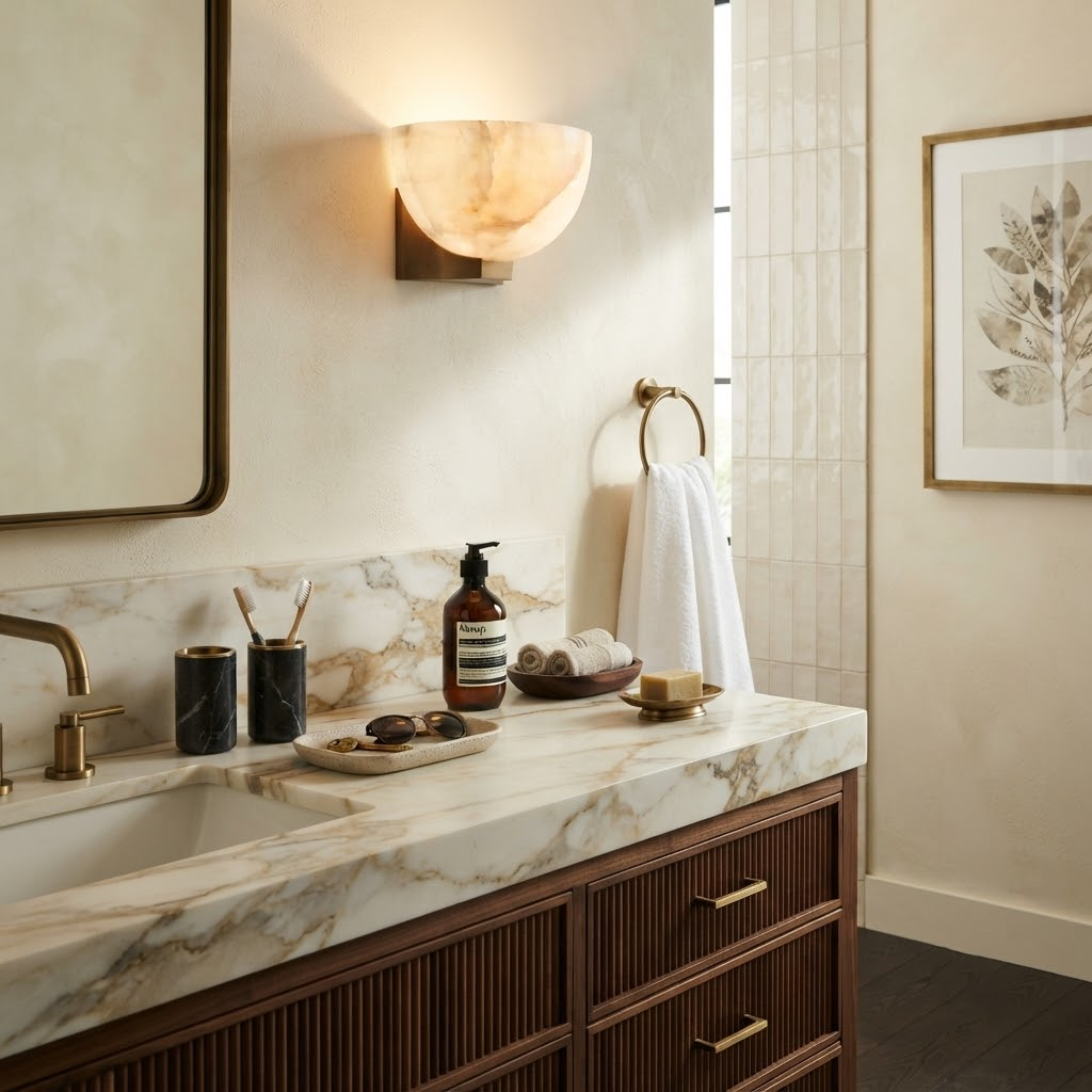 Luna Bowl Wall Sconce in alabaster for Hallway by AUVIELIGHT