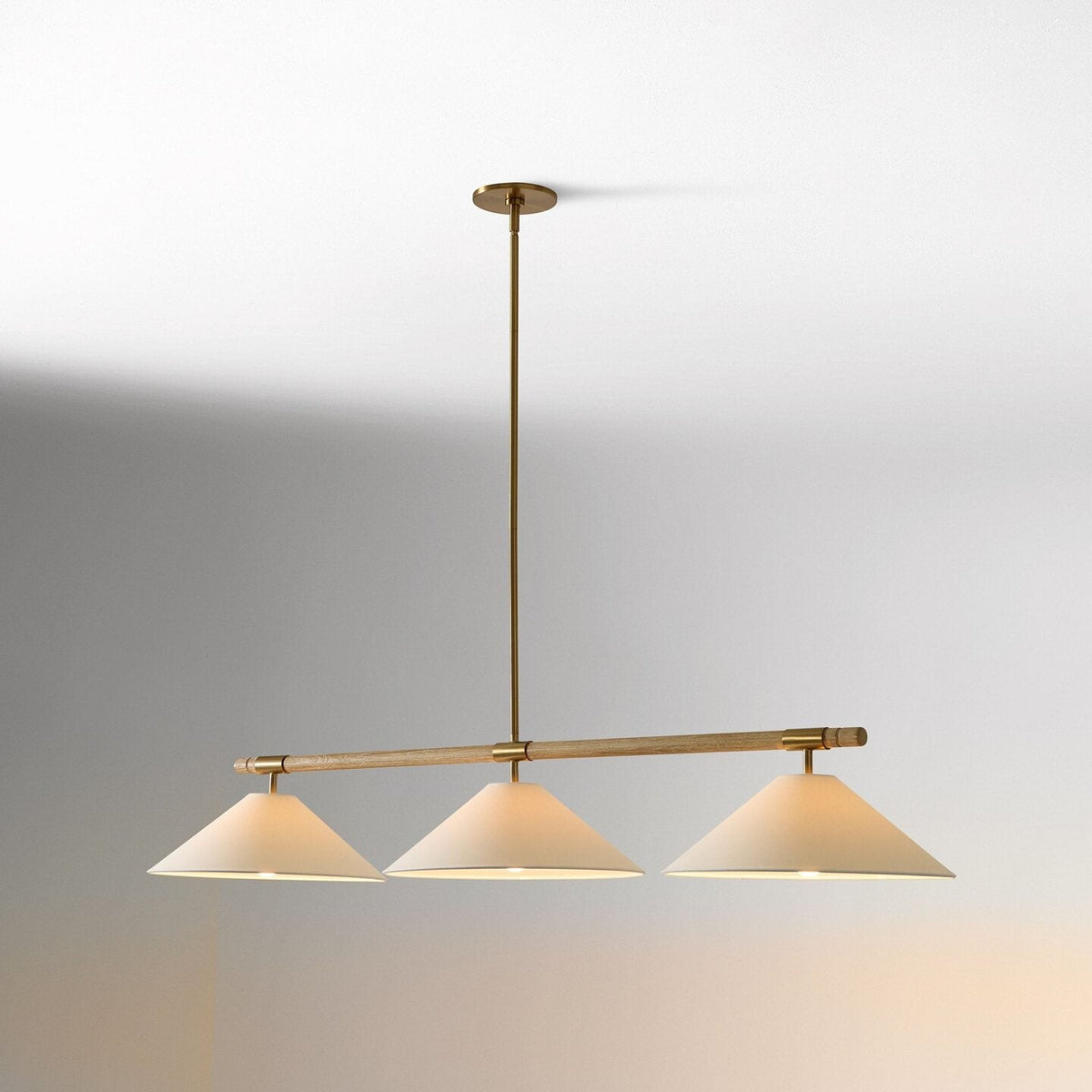 Merivale Linear Pendant Light in linen for Kitchen Island by AUVIELIGHT, Dia 135cm x H 20cm / ∅ 53.1″ x H 7.8″ / Gold & White