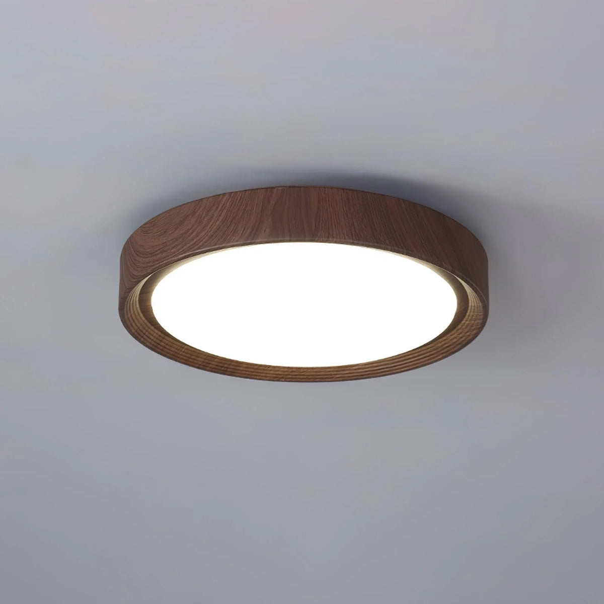 Modern Flush Mount in acrylic for Low Ceilings by AUVIELIGHT, Model B ∅ 11.8" x H 2.8" / Walnut Wood Grain & White / Remote Control Dimmer and 1