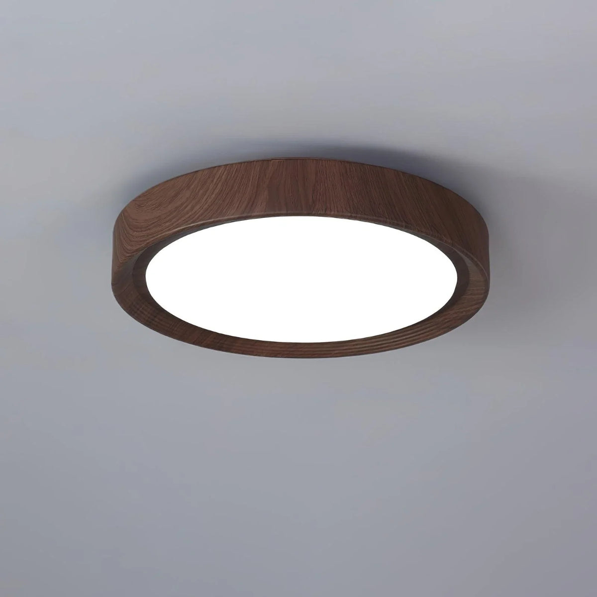 Modern Flush Mount in acrylic for Low Ceilings by AUVIELIGHT, Model B ∅ 15.7" x H 2.8" / Walnut Wood Grain & White / Remote Control Dimmer and 3