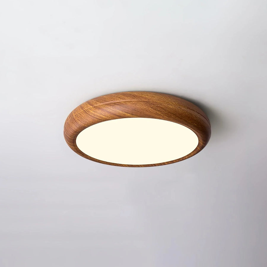 Modern Flush Mount in acrylic for Low Ceilings by AUVIELIGHT, ModelA ∅ 11.8" x H 3.5” / Walnut Wood Grain & White / Remote Control Dimmer and 1