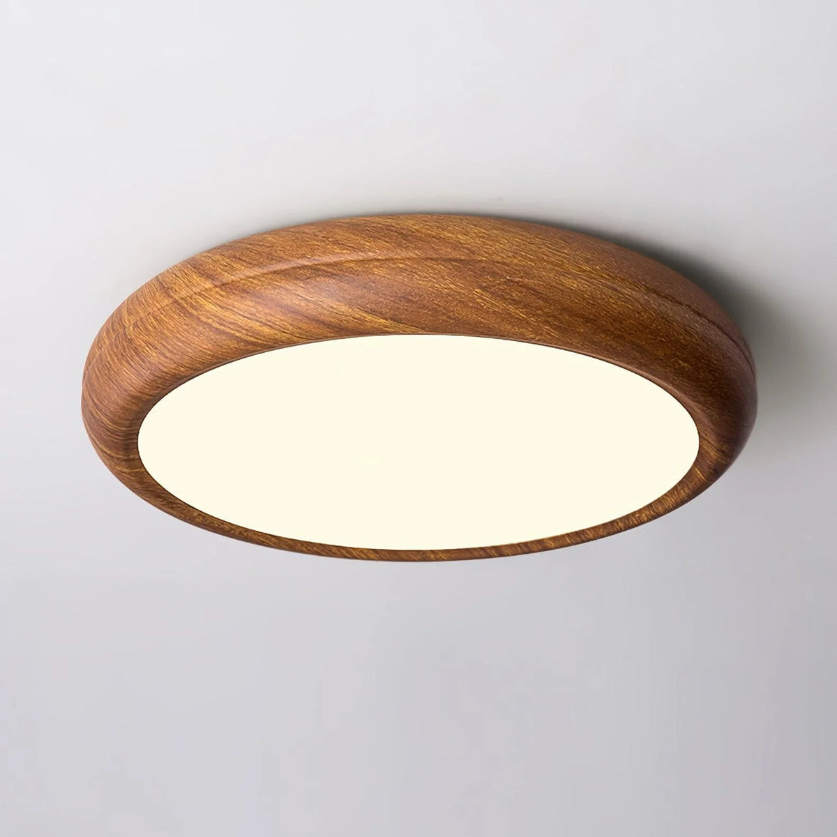 Modern Flush Mount in acrylic for Low Ceilings by AUVIELIGHT, ModelA ∅ 19.7" x H 3.5" / Walnut Wood Grain & White / Remote Control Dimmer and 1