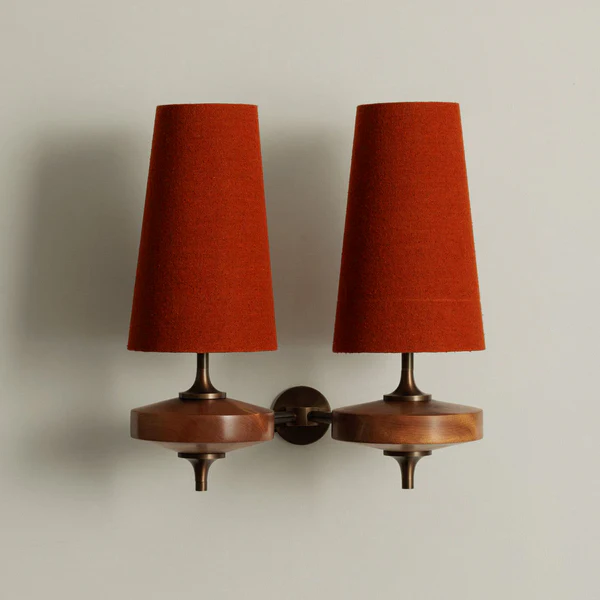 Modera Dual Wall Sconce in walnut for Hallway by AUVIELIGHT, L 34 × W 21 × H 39 cm / L 13.4″ × W 8.3″ × H 15.4″ / Walnut color & Red