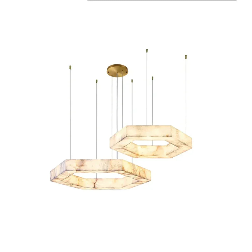 2-Tier Hexagon Chandelier in alabaster for Dining Room by AUVIELIGHT, Dia 60cm x H 8cm / ∅ 23.6″ x H 3.1″ / White+Gold