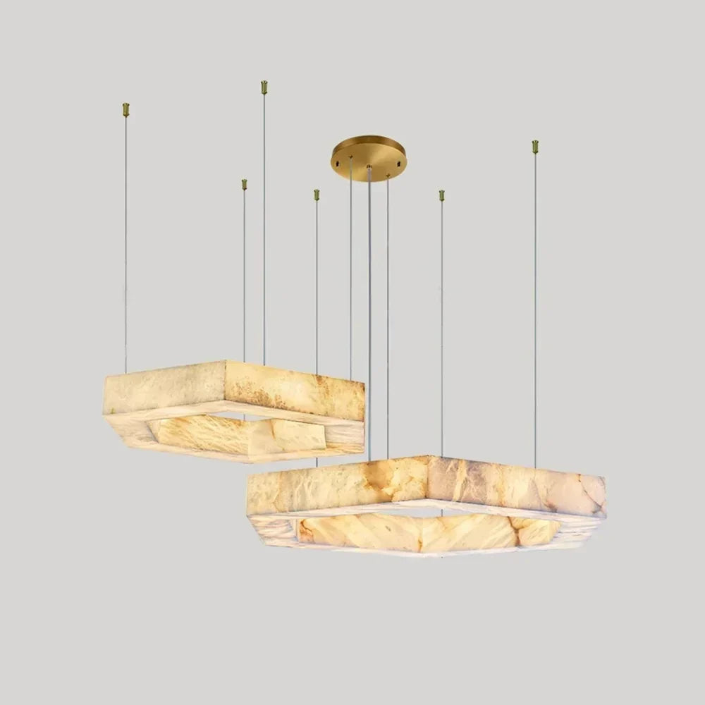 2-Tier Hexagon Chandelier in alabaster for Dining Room by AUVIELIGHT, Dia 80cm x H 8cm / ∅ 31.5″ x H 3.1″ / White+Gold