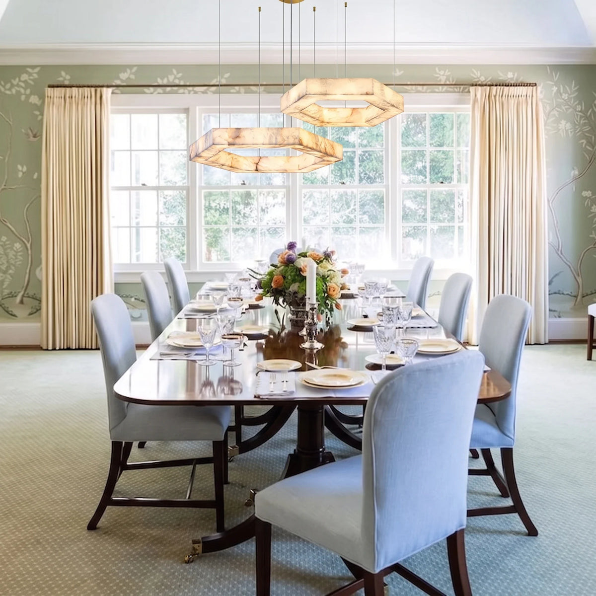 2-Tier Hexagon Chandelier in alabaster for Dining Room by AUVIELIGHT