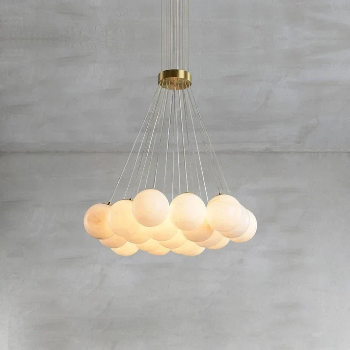 Modern Globe Cluster Chandelier in alabaster for Dining Room by AUVIELIGHT, 19 heads D 60cm x H 200cm / ∅ 23.6″ x H 78.7″ / Brass & White and 1