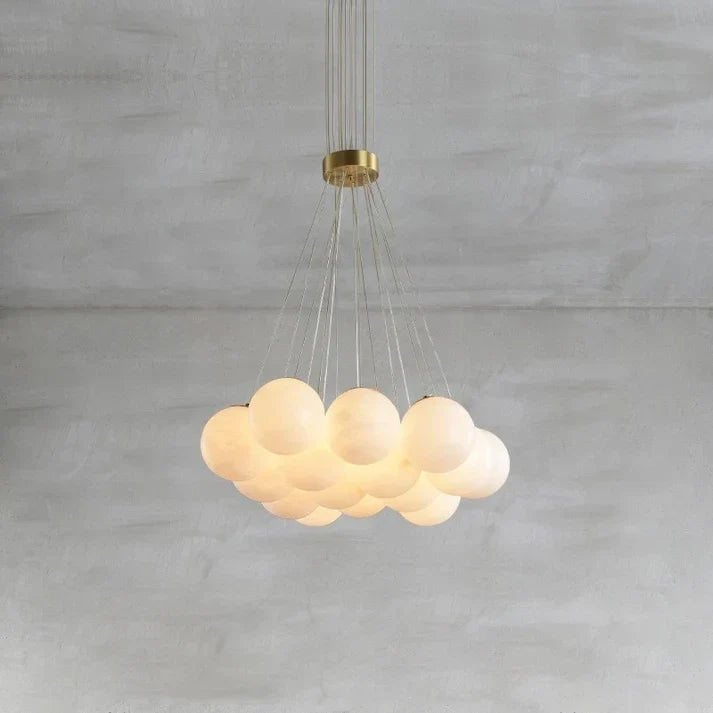 Modern Globe Cluster Chandelier in alabaster for Dining Room by AUVIELIGHT, 13 heads D 50cm x H 200cm / ∅ 19.7″ x H 78.7″ / Brass & White and 1