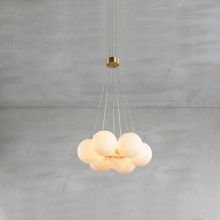 Modern Globe Cluster Chandelier in alabaster for Dining Room by AUVIELIGHT, 7 heads D 40cm x H 200cm / ∅ 15.7″ x H 78.7″ / Brass & White and 1