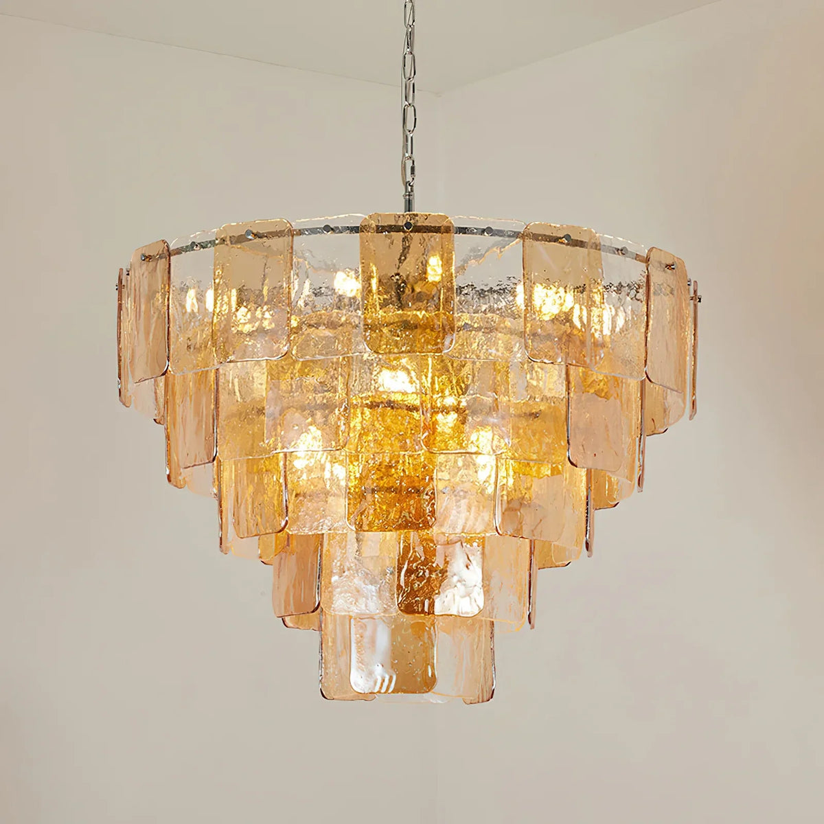 Modern Tiered Chandelier in amber textured glass for Dining Room by AUVIELIGHT, ∅ 31.5″ x H 22.8″ / Clear & Amber