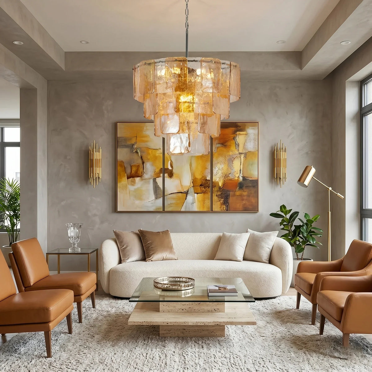 Modern Tiered Chandelier in amber textured glass for Dining Room by AUVIELIGHT