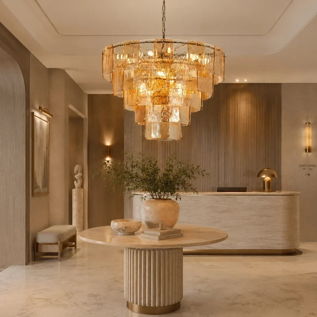 Modern Tiered Chandelier in amber textured glass for Dining Room by AUVIELIGHT
