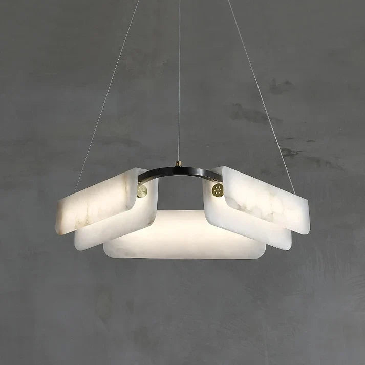 Modern Curved Ring Chandelier in alabaster for Dining Room by AUVIELIGHT, 3 heads D 60cm x H 13cm / ∅ 23.6″ x H 5.2″ / Black＆White / Warm Light