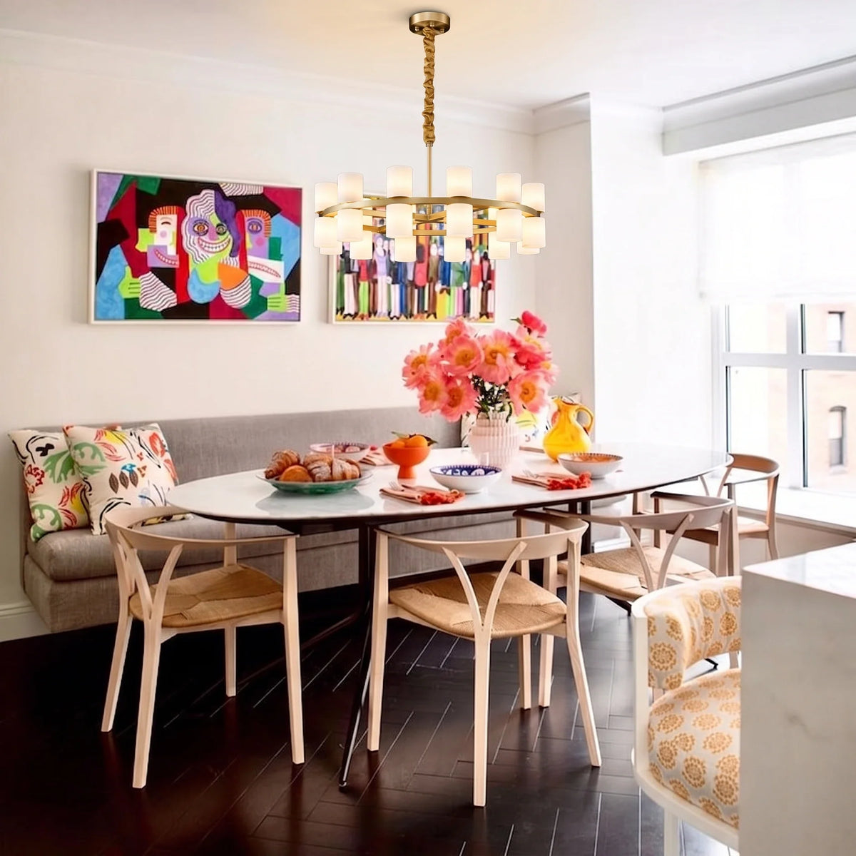 Modern Cylinder Ring Chandelier in alabaster for Dining Room by AUVIELIGHT