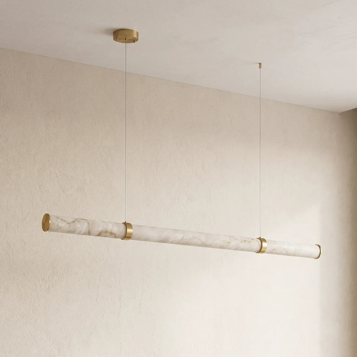Modern Tube Pendant Light in alabaster for Kitchen Island by AUVIELIGHT, Dia 120cm x H 8cm / ∅ 47.2″ x H 3.1″ / White+Gold / Warm Light and 1