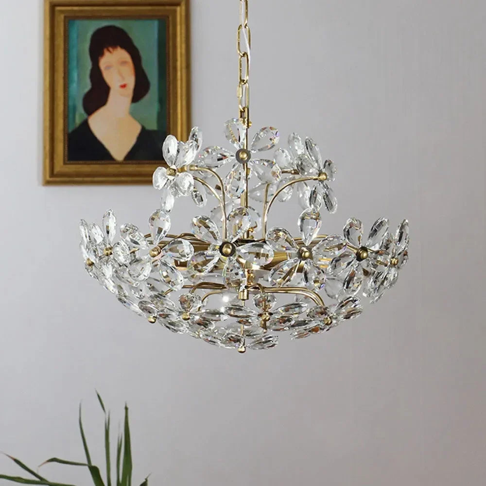 French Flower Basket Chandelier in crystal for Dining Room by AUVIELIGHT, Dia 17.8'' x H 11.9'' / Clear & Gold