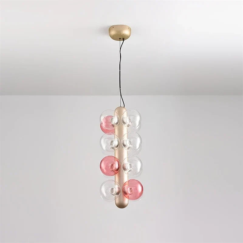 Modern Orb Chandelier in glass for Dining Room by AUVIELIGHT, W 26cm x H 62cm / W 10.2" x H 24.4" / Pink & Clear / Warm White