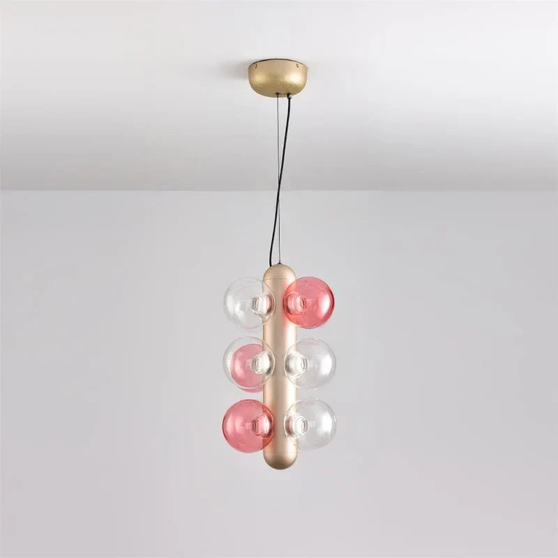 Modern Orb Chandelier in glass for Dining Room by AUVIELIGHT, W 26cm x H 48cm / W 10.2" x H 18.8" / Pink & Clear / Warm White