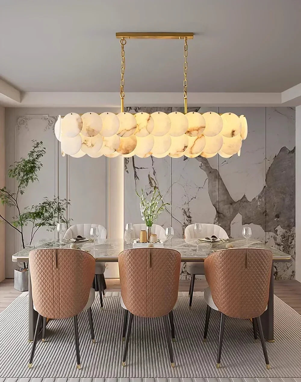 Modern Linear Disc Chandelier in alabaster for Dining Room by AUVIELIGHT