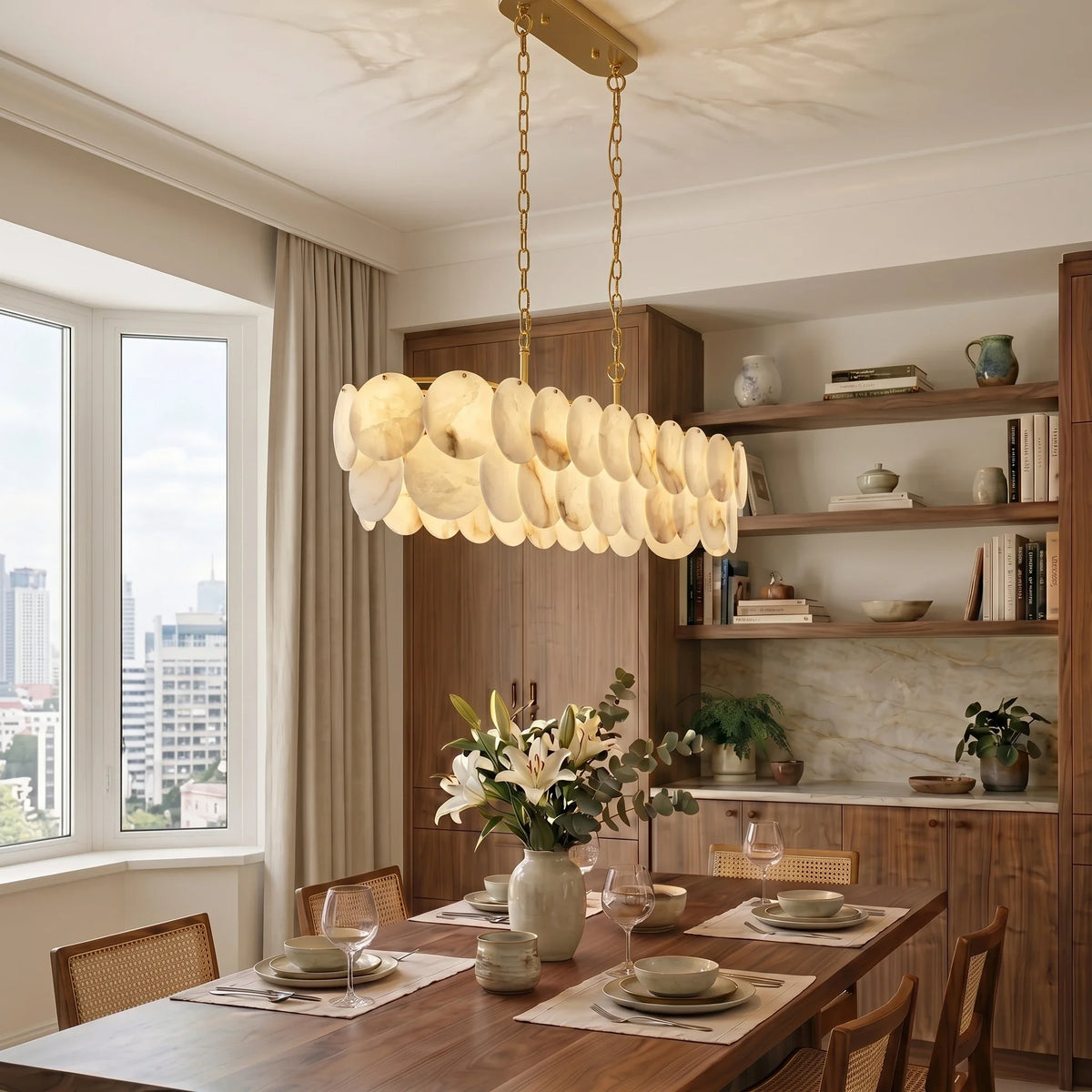 Modern Linear Disc Chandelier in alabaster for Dining Room by AUVIELIGHT
