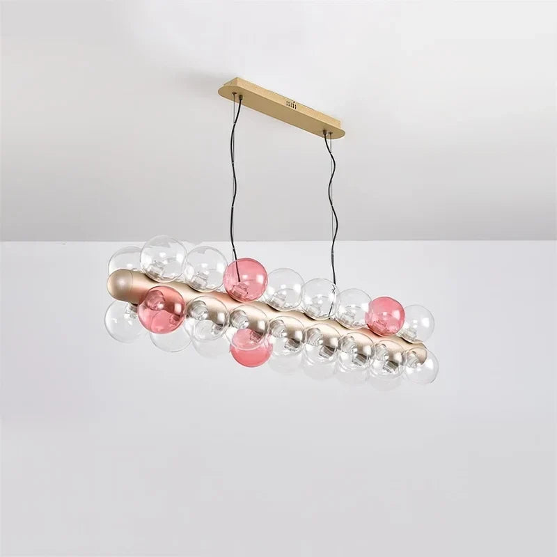 Modern Linear Globe Chandelier in glass for Dining Room by AUVIELIGHT, L120cm x H 26cm / L47.2" x H 10.2" / Pink & Clear / Warm White