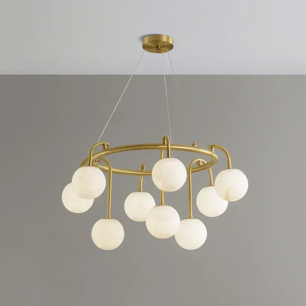 Modern Globe Chandelier in alabaster for Dining Room by AUVIELIGHT, 9 Heads Dia 70cm x H 35cm / ∅ 27.5″ x H 13.8″ / White+Gold