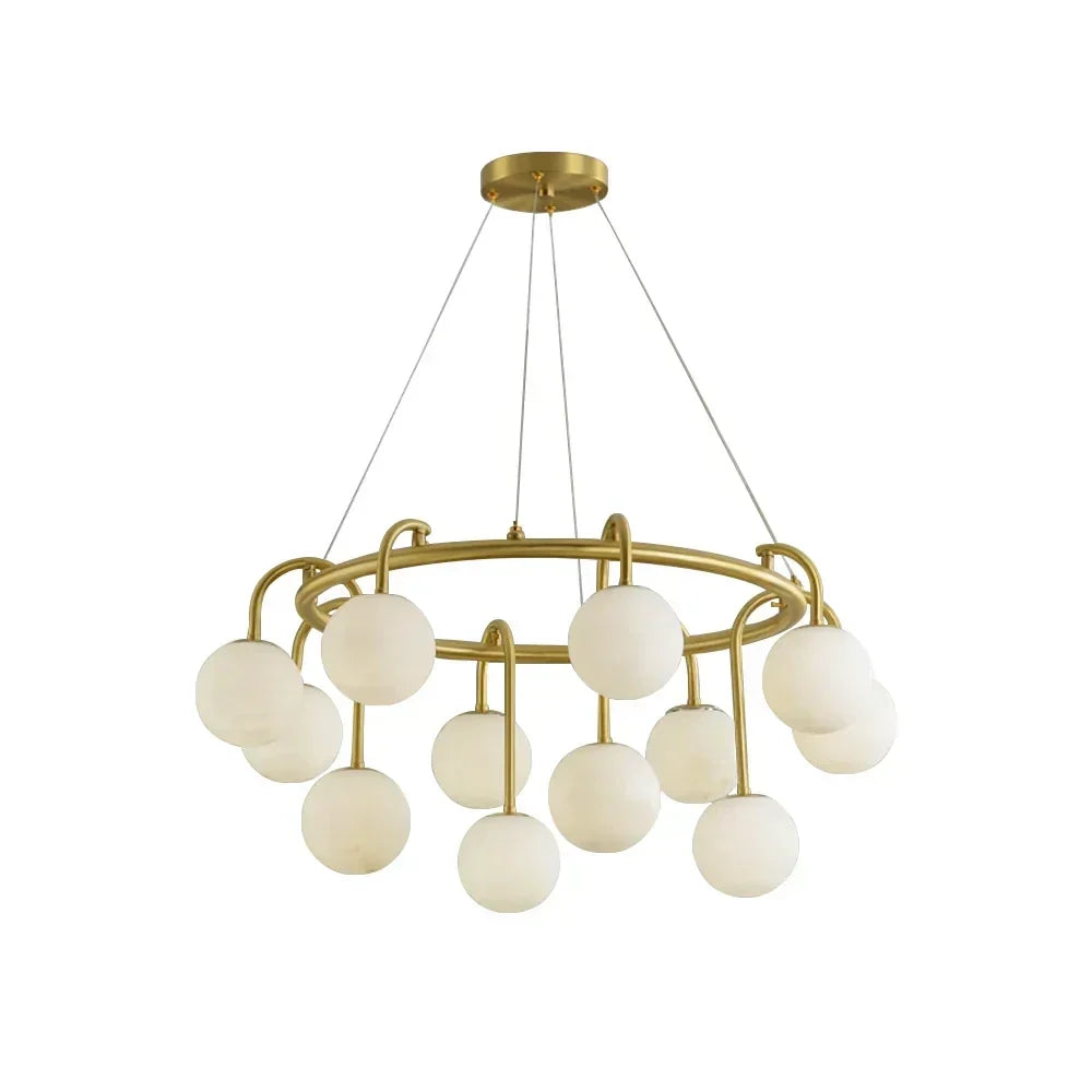 Modern Globe Chandelier in alabaster for Dining Room by AUVIELIGHT, 12 Heads Dia 80cm x H 35cm / ∅ 31.5″ x H 13.8″ / White+Gold