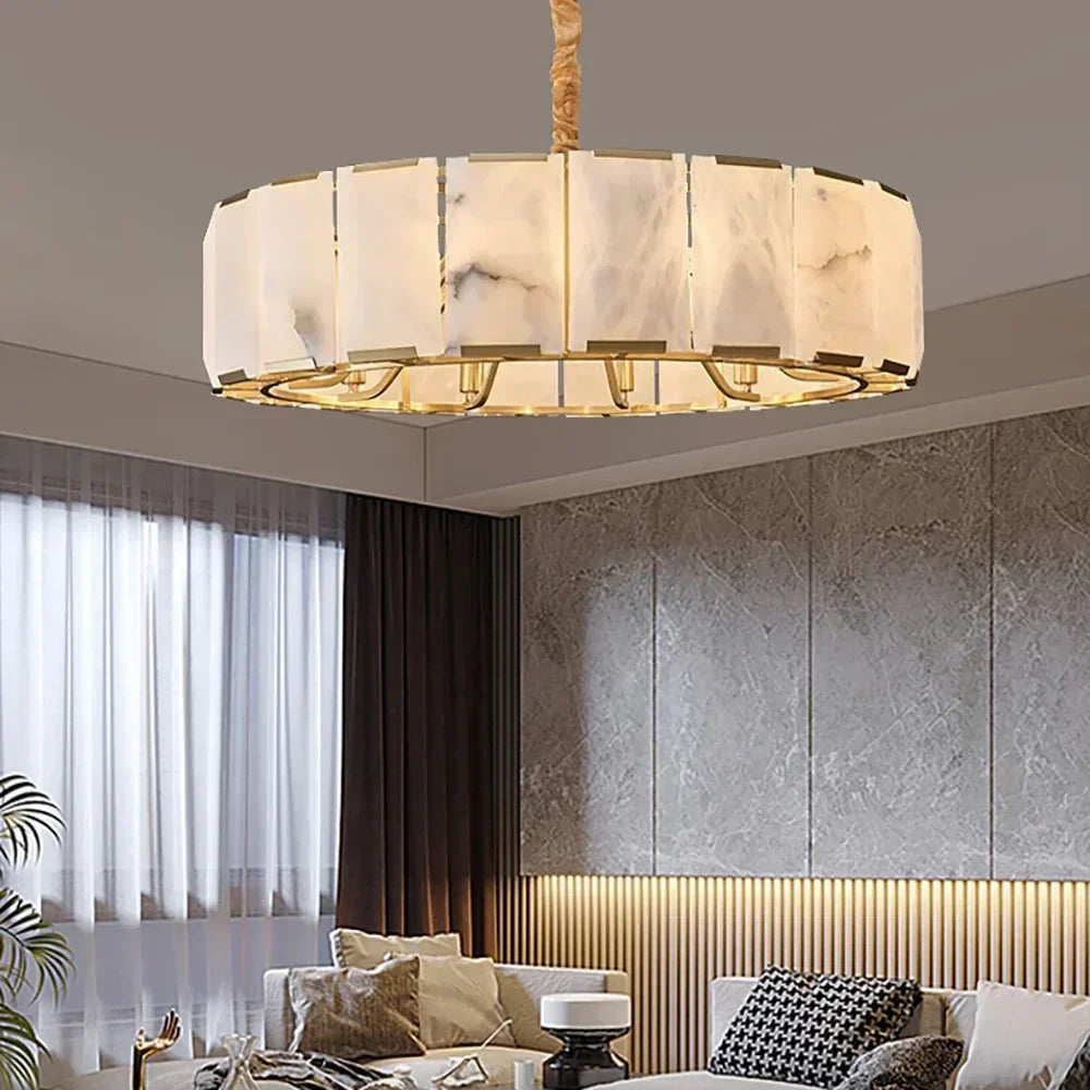 Modern Round Chandelier in alabaster for Dining Room by AUVIELIGHT, Dia 60cm x H 21cm / ∅ 23.6″ x H 8.3″ / White + Gold