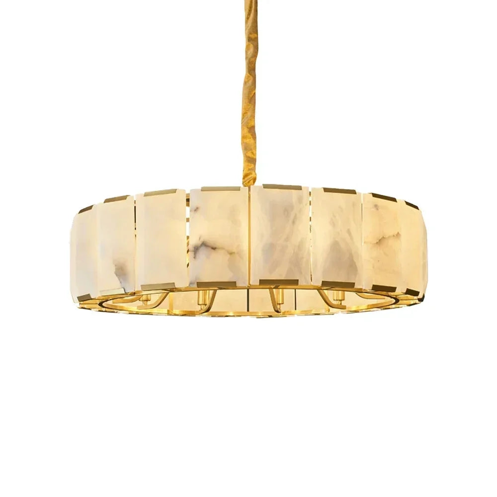 Modern Round Chandelier in alabaster for Dining Room by AUVIELIGHT, Dia 110cm x H 21cm / ∅ 43.4″ x H 8.3″ / White + Gold