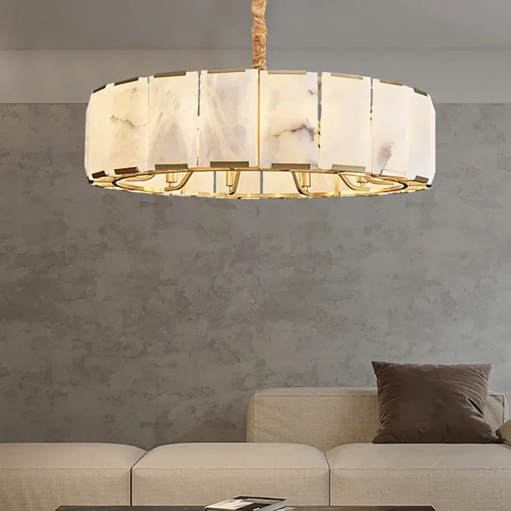 Modern Round Chandelier in alabaster for Dining Room by AUVIELIGHT, Dia 80cm x H 21cm / ∅ 31.5″ x H 8.3″ / White + Gold