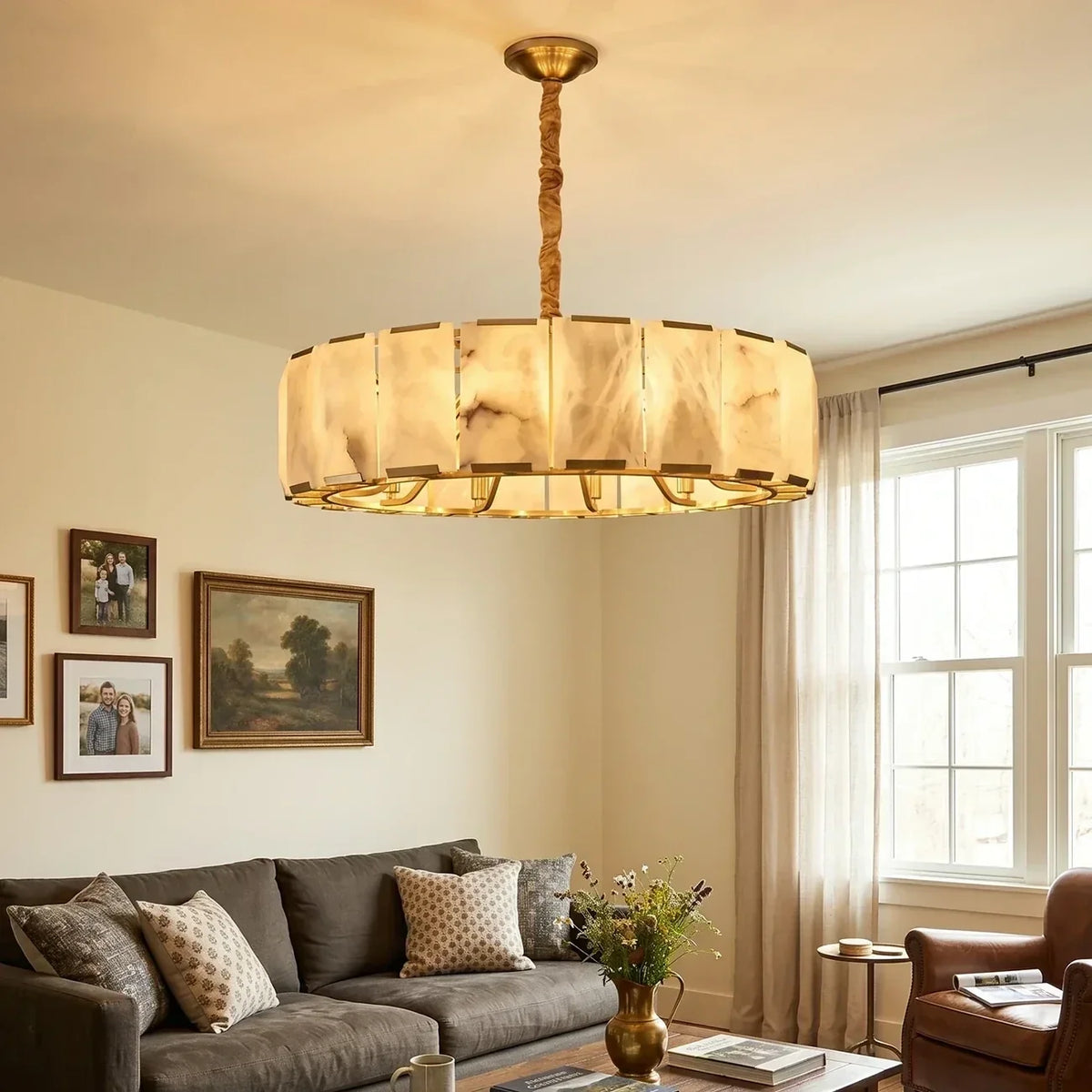 Modern Round Chandelier in alabaster for Dining Room by AUVIELIGHT, Dia 100cm x H 21cm / ∅ 39.4″ x H 8.3″ / White + Gold