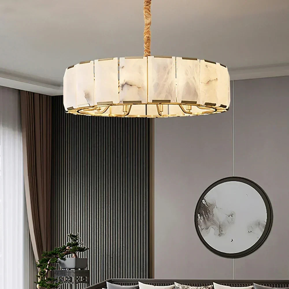 Modern Round Chandelier in alabaster for Dining Room by AUVIELIGHT, Dia 50cm x H 21cm / ∅ 19.7″ x H 8.3″ / White + Gold