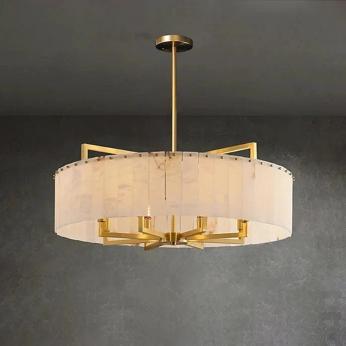Modern Drum Chandelier in alabaster for Dining Room by AUVIELIGHT, ∅ 31.5″ x H 11.9 / ″Dia 80cm x H 30cm / Brass