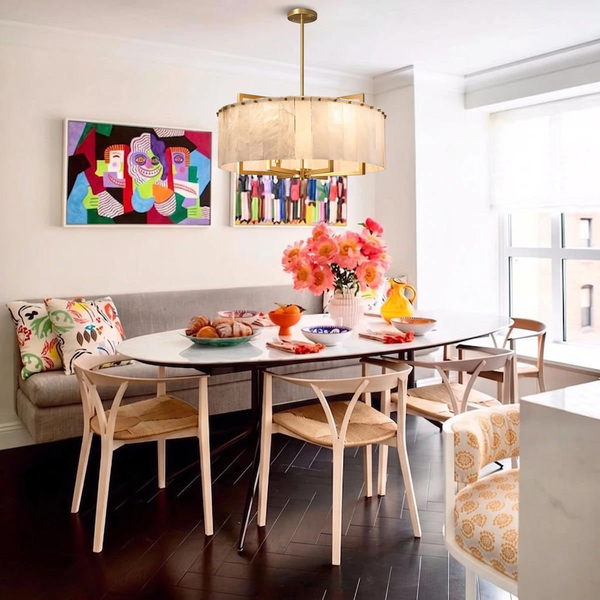 Modern Drum Chandelier in alabaster for Dining Room by AUVIELIGHT