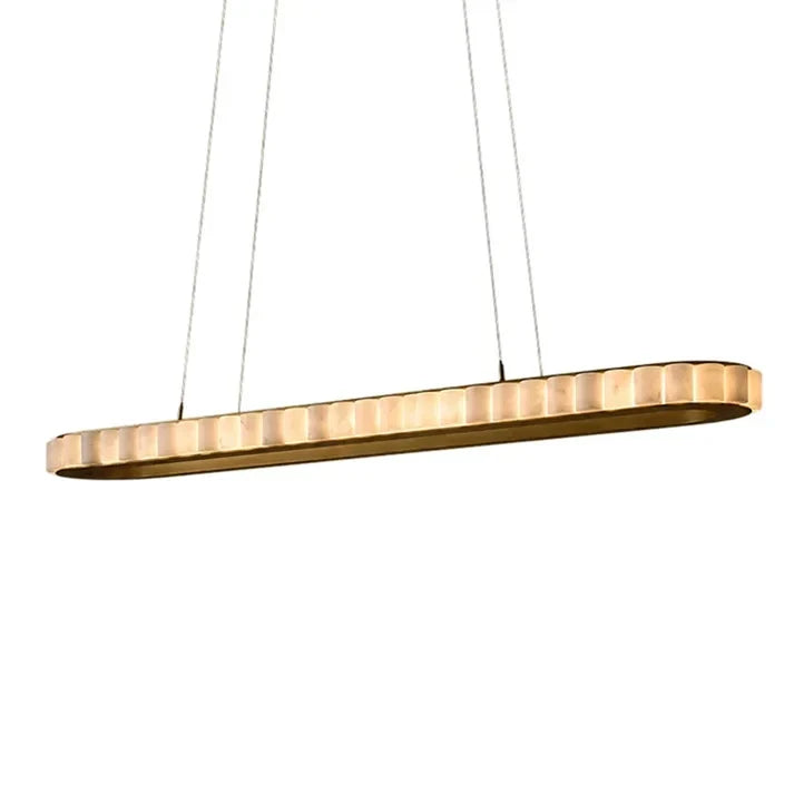 Modern Slim Oval Chandelier in alabaster for Dining Room by AUVIELIGHT, L 150cm x W 30cm x H 7cm / L 59″x W 11.8″ x H 2.8″ / Gold & White
