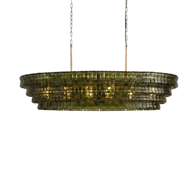 Multi-Tier Oval Chandelier in textured glass for Dining Room by AUVIELIGHT, L 47.2" x W 21.7" x H 12.6" (4 layers) / Green & Gold and 2 other