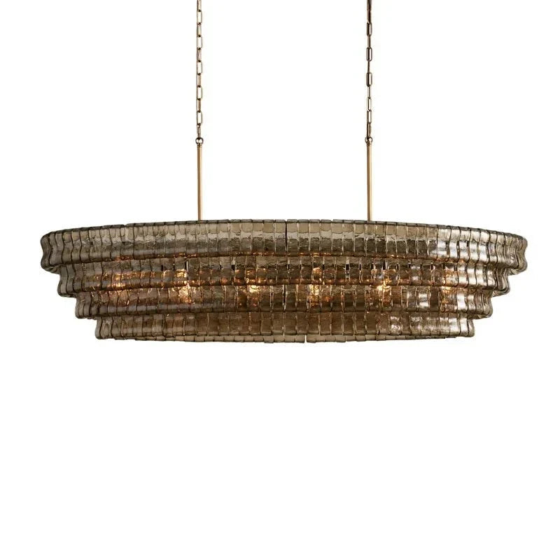 Multi-Tier Oval Chandelier in textured glass for Dining Room by AUVIELIGHT, L 47.2" x W 21.7" x H 12.6" (4 layers) / Smoke grey & Gold and 2