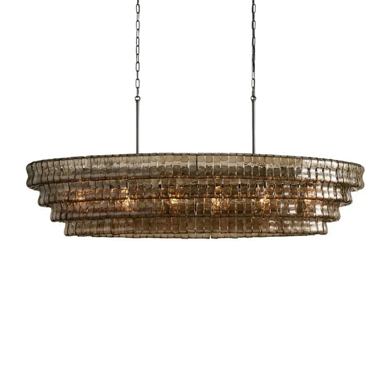 Multi-Tier Oval Chandelier in textured glass for Dining Room by AUVIELIGHT, L 47.2" x W 21.7" x H 12.6" (4 layers) / Smoke grey & Black and 2