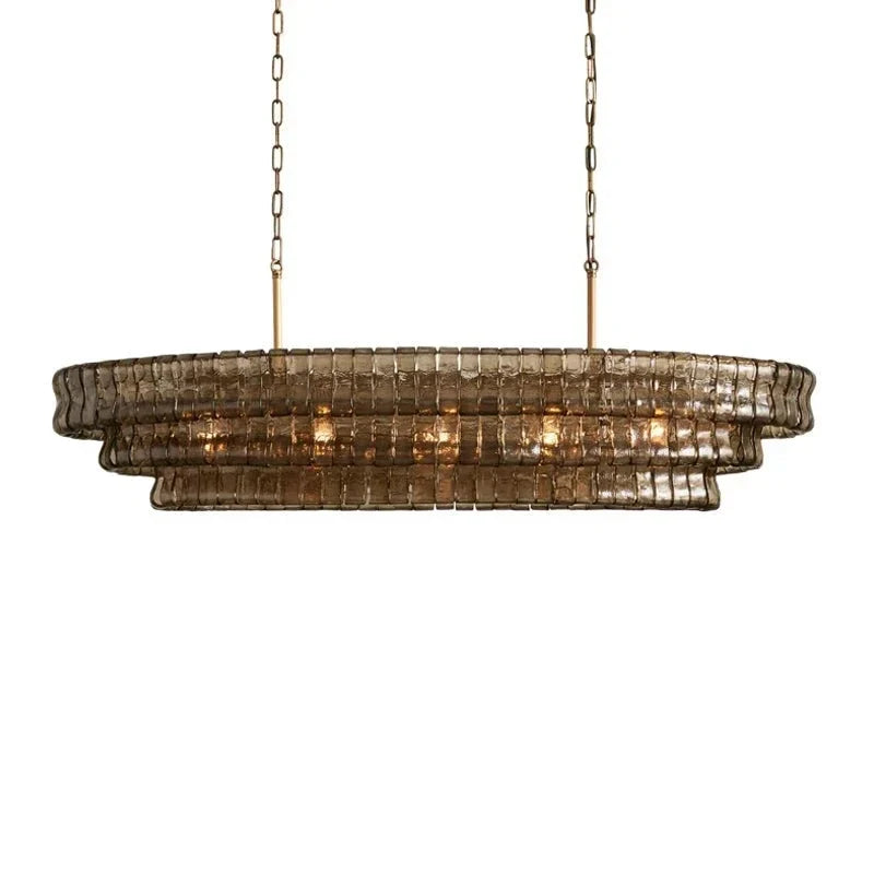 Multi-Tier Oval Chandelier in textured glass for Dining Room by AUVIELIGHT, L 39.4" x W 15.7" x H 12.6" (3 layers) / Smoke grey & Gold and 2