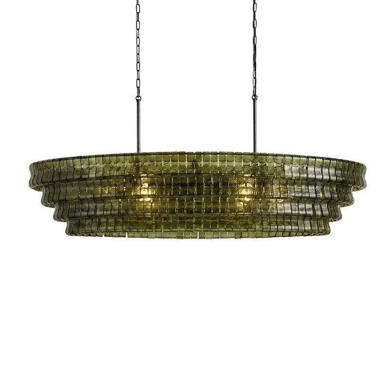 Multi-Tier Oval Chandelier in textured glass for Dining Room by AUVIELIGHT, L 47.2" x W 21.7" x H 12.6" (4 layers) / Green & Black and 2 other
