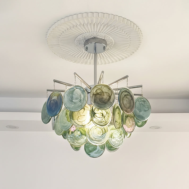 Disc Chandelier in glass for Dining Room by AUVIELIGHT, Dia 50 × H 30 cm/ ∅ 19.7″ x H 11.8″ / Green