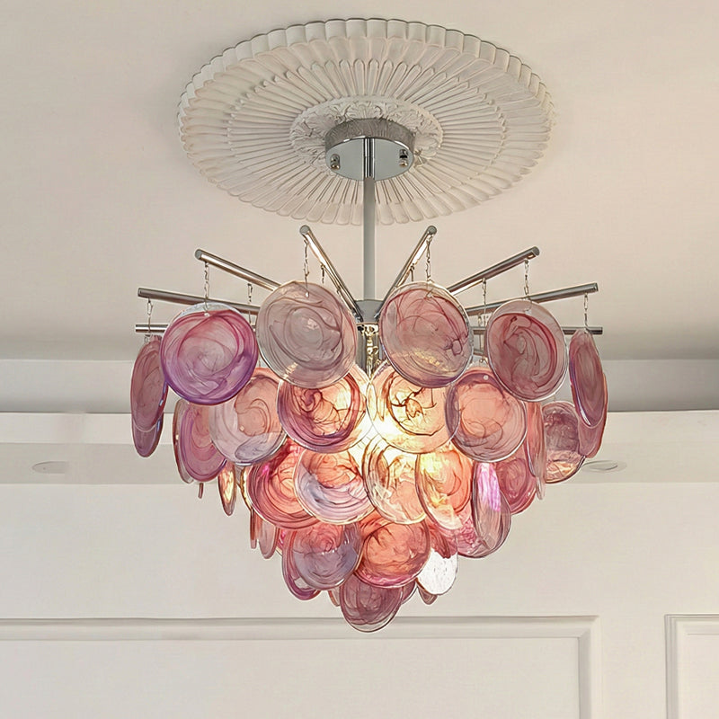 Disc Chandelier in glass for Dining Room by AUVIELIGHT, Dia 60 × H 36 cm / ∅ 23.6″ x H 14.2″ / Pink and 1 other sizes