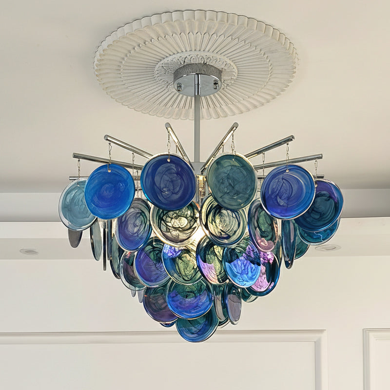Disc Chandelier in glass for Dining Room by AUVIELIGHT, Dia 60 × H 36 cm / ∅ 23.6″ x H 14.2″ / Blue and 3 other sizes