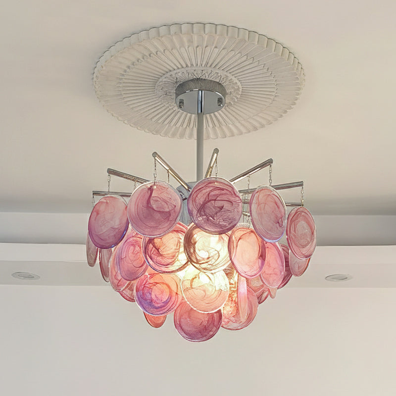 Disc Chandelier in glass for Dining Room by AUVIELIGHT, Dia 50 × H 30 cm/ ∅ 19.7″ x H 11.8″ / Pink