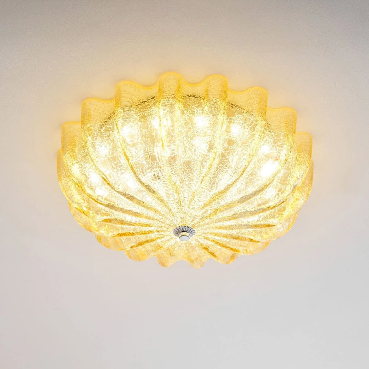 Fluted Flush Mount in glass for Low Ceilings by AUVIELIGHT, Model B Cracks  ∅ 17.7" xH 3.9"/Dia 45cm x H10cm / Beige / Warm Light