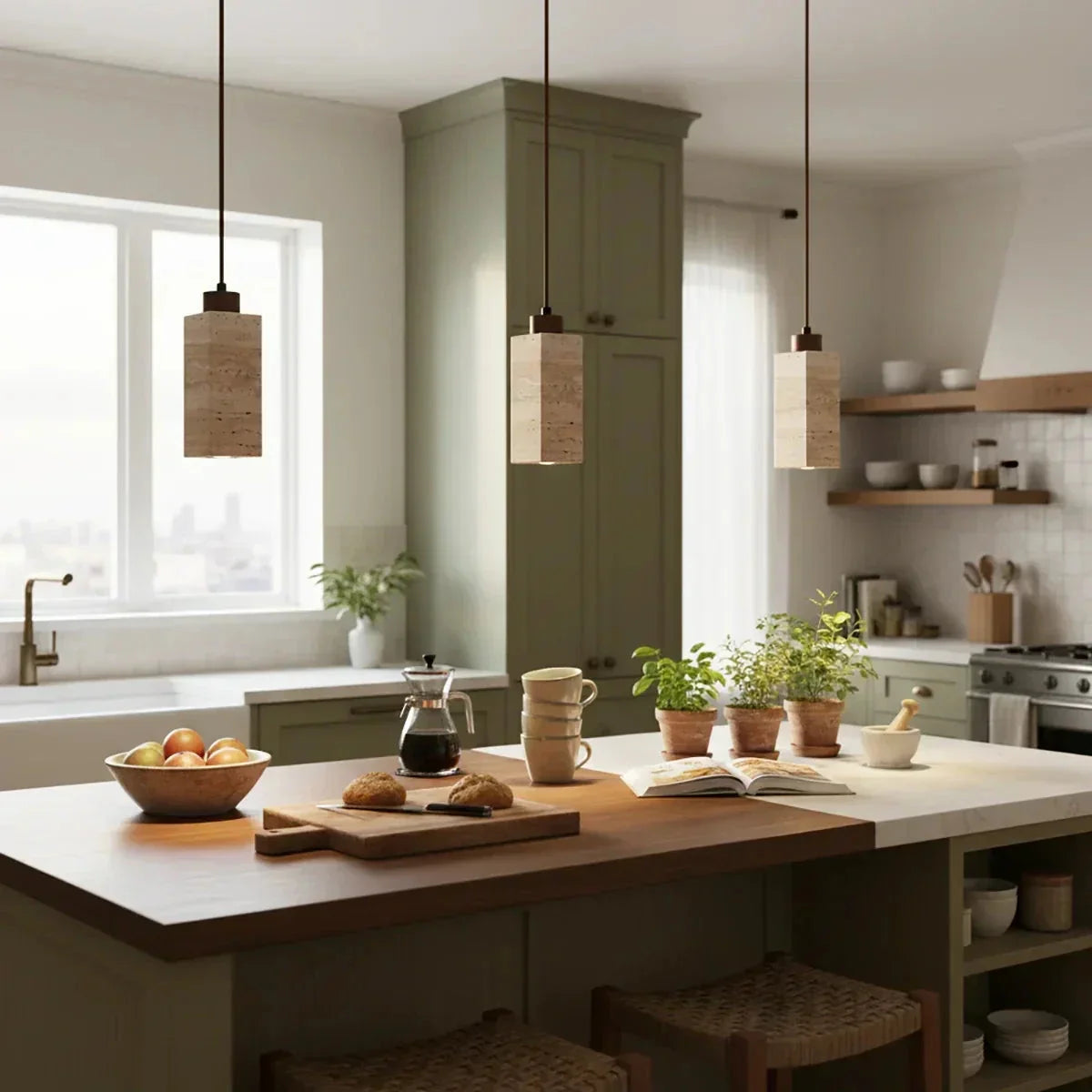 Modern Pendant Light in natural travertine for Kitchen Island by AUVIELIGHT