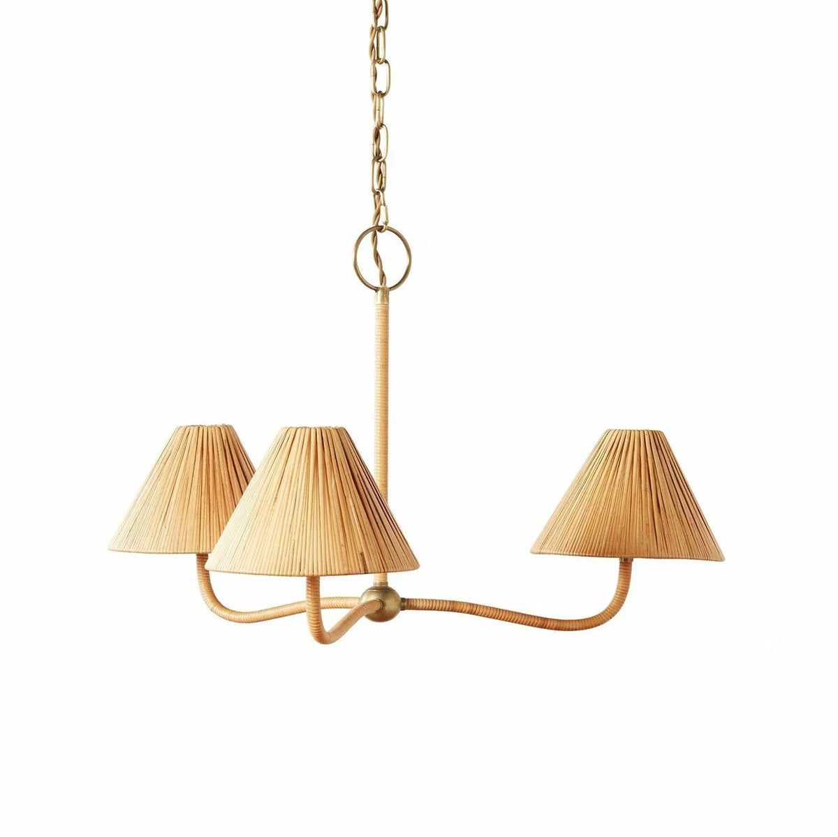 Pleated Chandelier in natural rattan for Dining Room by AUVIELIGHT, 3 heads D 76cm x H 47cm / ∅ 29.9″ x H 18.5″ / Beige