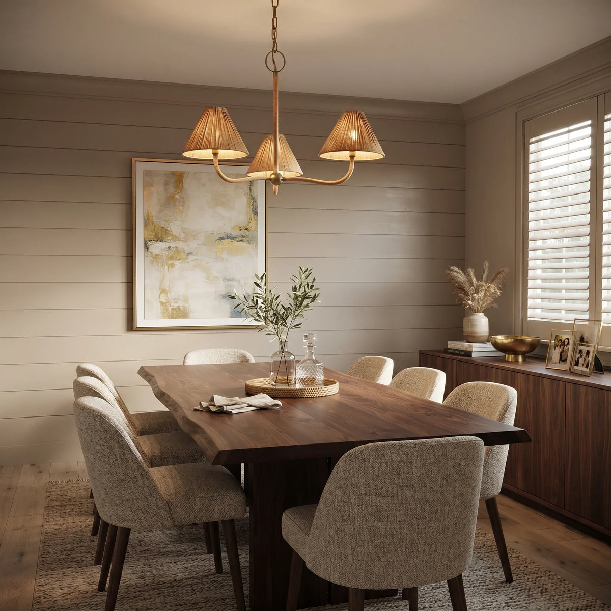 Pleated Chandelier in natural rattan for Dining Room by AUVIELIGHT