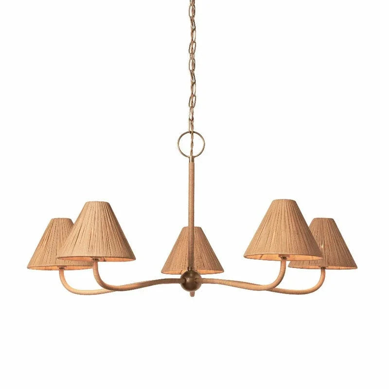 Pleated Chandelier in natural rattan for Dining Room by AUVIELIGHT, 5 heads D 85cm x H 55cm / ∅ 33.5″ x H 21.7″ / Beige