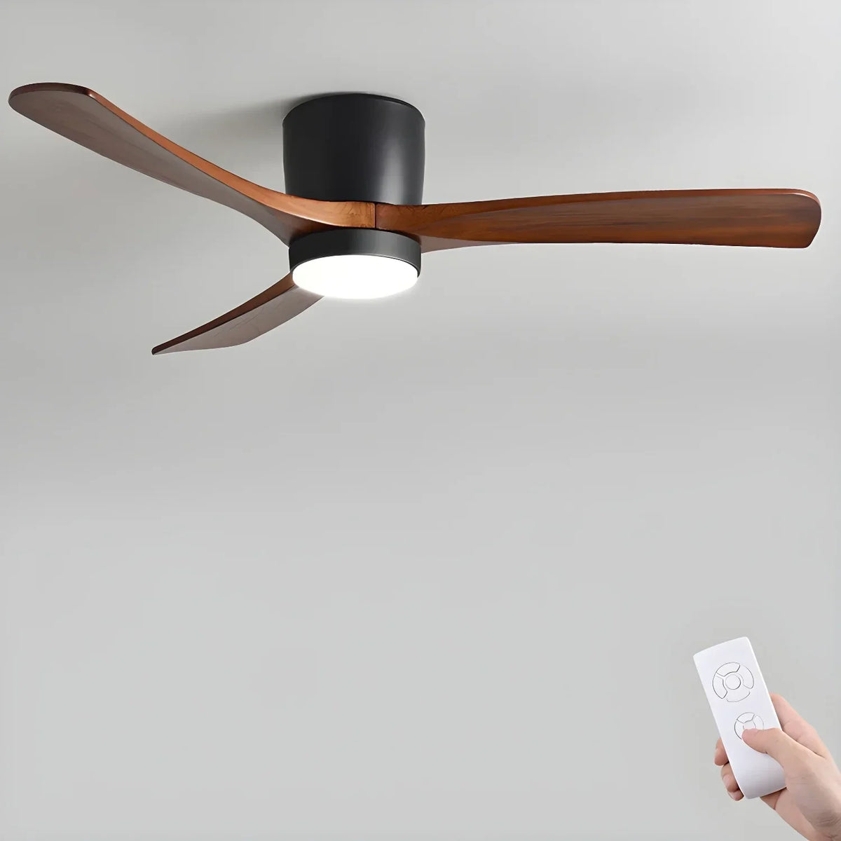 Wooden Ceiling Fan Light in wood for Living Room by AUVIELIGHT, ∅ 42″ x H 11″ / Dia 106cm x H 28cm / Black & Walnut Color / Warm Light and 2